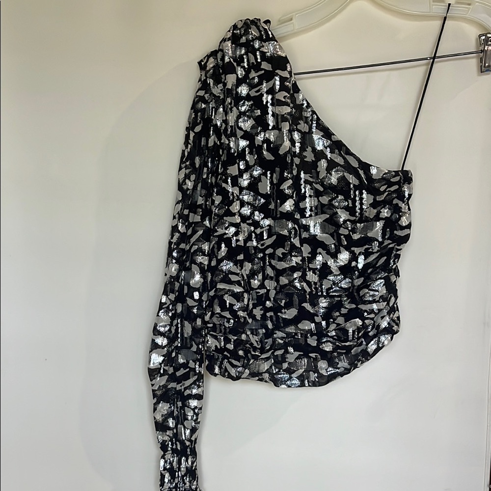 NWT Mango Shimmering Black and Silver One Shoulder Top